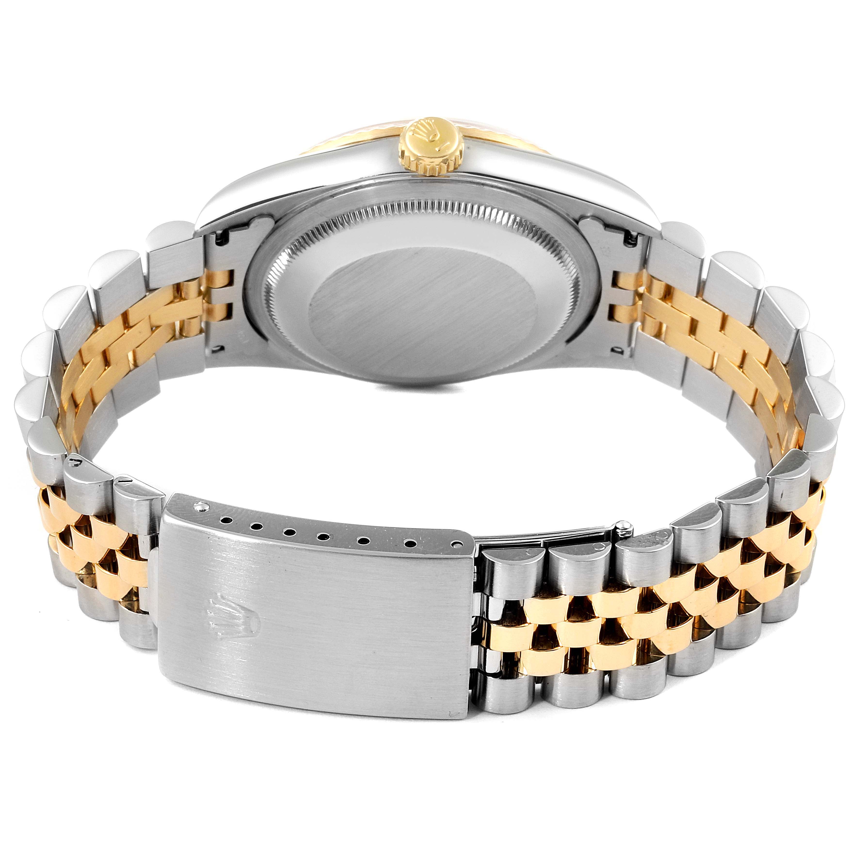 This image shows the back and clasp of a Rolex Datejust 16233 Men's Steel and Gold (two tone) Grey Dial 16233 Men's Steel and Gold (two tone) Grey Dial watch with a two-tone metal bracelet, viewed from the rear.