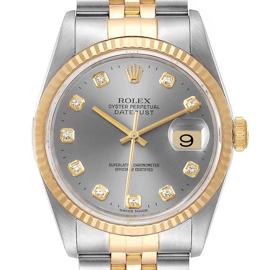 This image shows a front view of a Rolex Datejust 16233 Men's Steel and Gold (two tone) Grey Dial 16233 Men's Steel and Gold (two tone) Grey Dial watch featuring a silver dial, gold fluted bezel, and diamond hour markers.