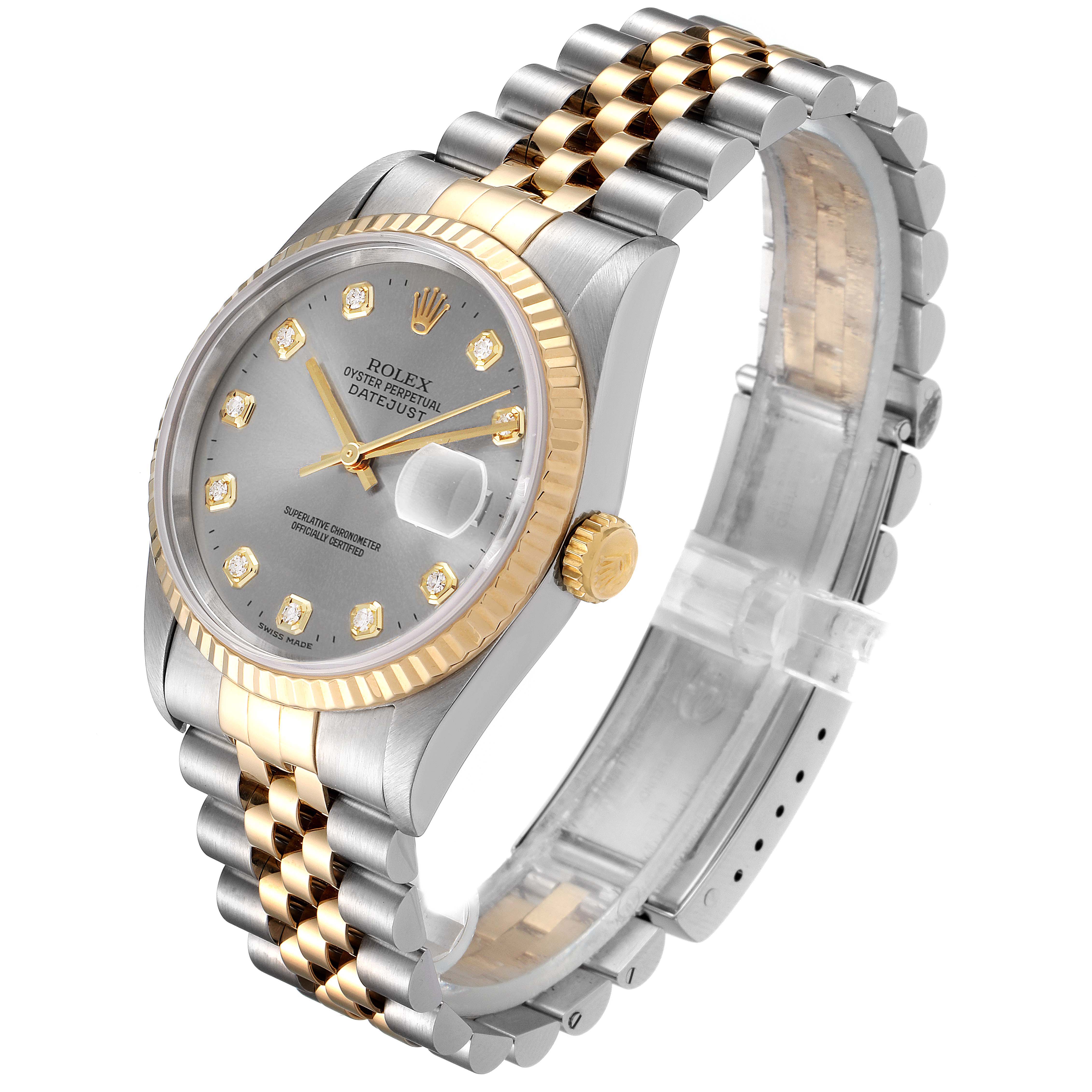 The Rolex Datejust 16233 Men's Steel and Gold (two tone) Grey Dial 16233 Men's Steel and Gold (two tone) Grey Dial is shown at a three-quarter angle, displaying its silver and gold two-tone bracelet, dial, and date window with cyclops lens.