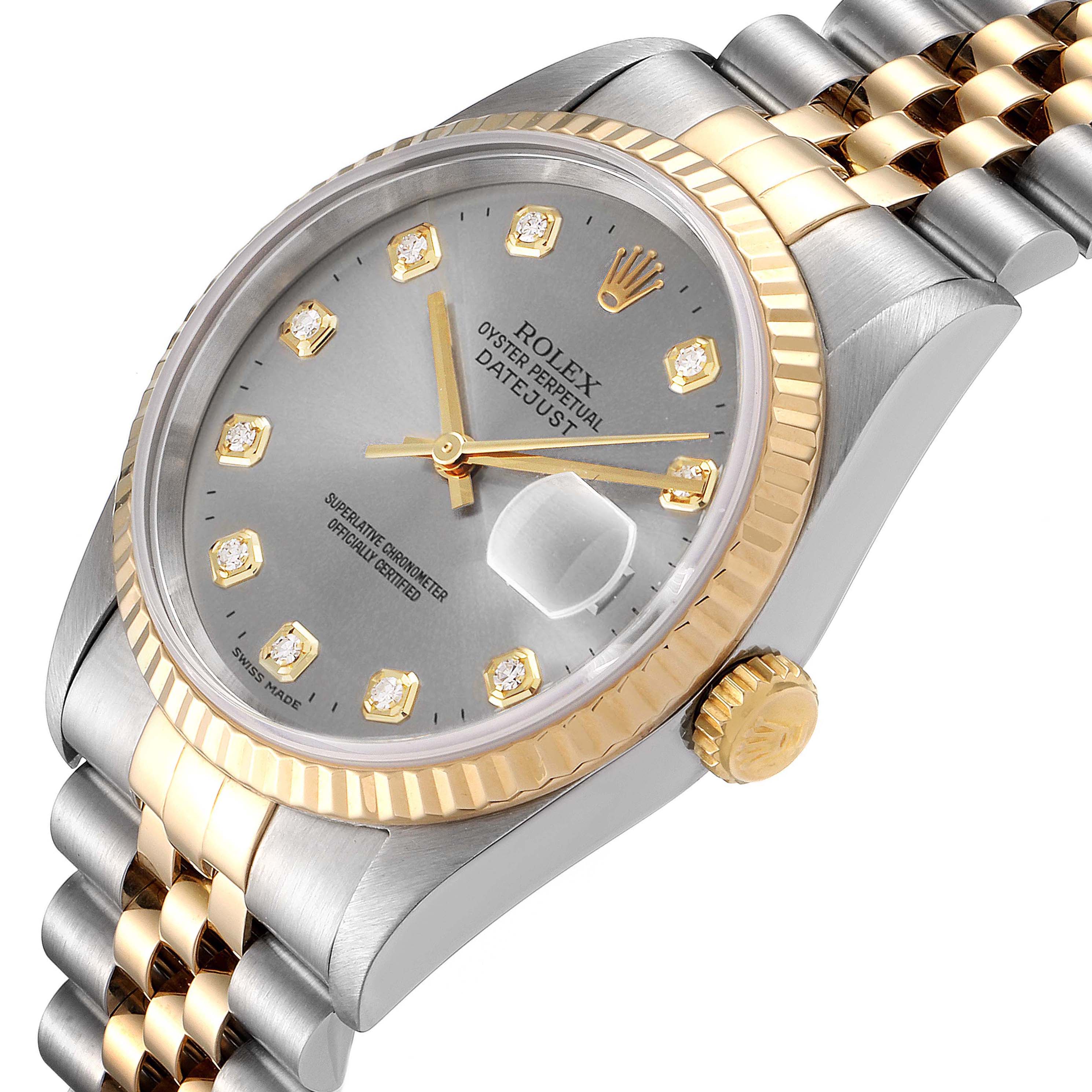 The angled view showcases the dial, bezel, crown, and part of the bracelet of the Rolex Datejust 16233 Men's Steel and Gold (two tone) Grey Dial 16233 Men's Steel and Gold (two tone) Grey Dial watch.