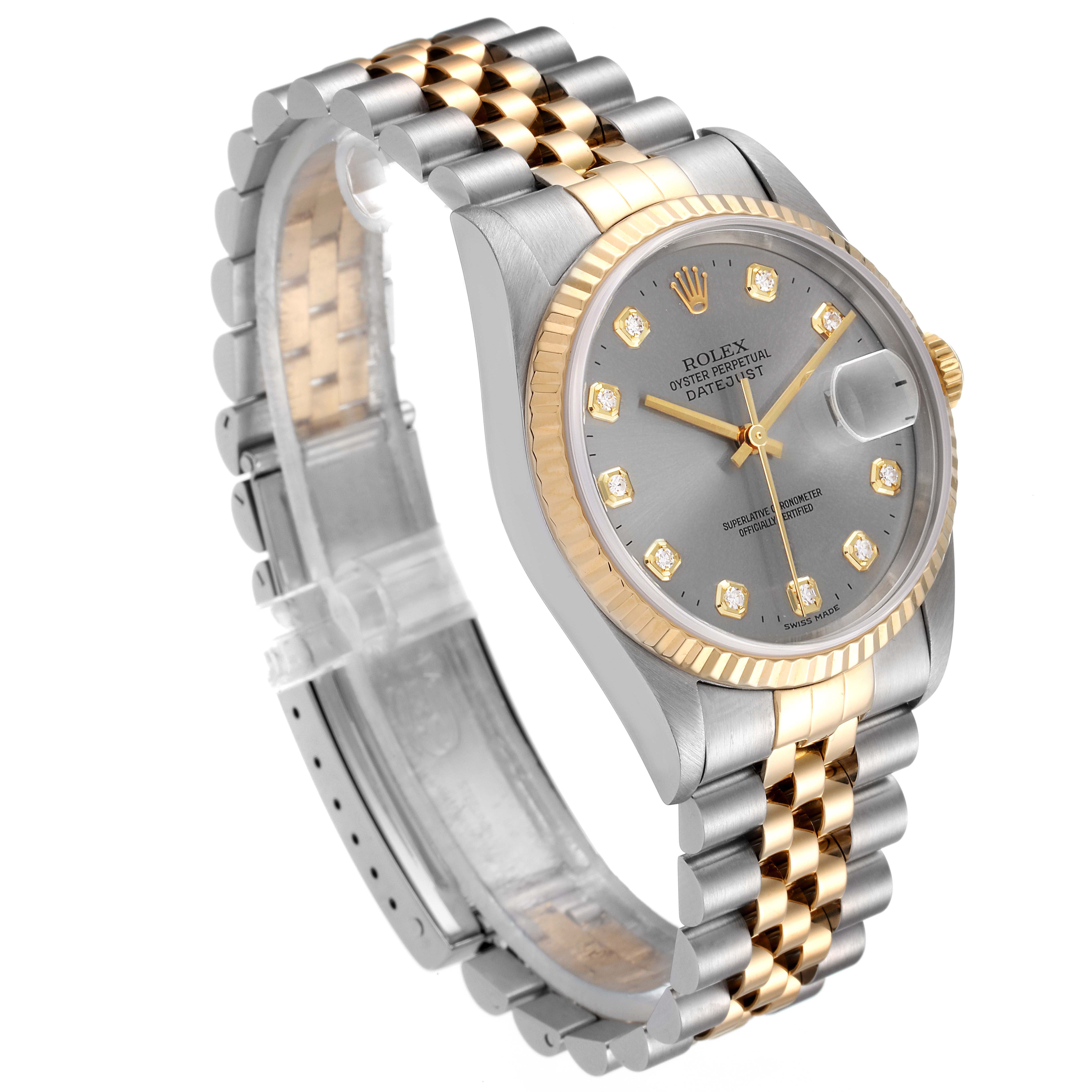 This image shows the Rolex Datejust 16233 Men's Steel and Gold (two tone) Grey Dial 16233 Men's Steel and Gold (two tone) Grey Dial watch at a three-quarter angle, highlighting the dial, bezel, crown, and Jubilee bracelet.