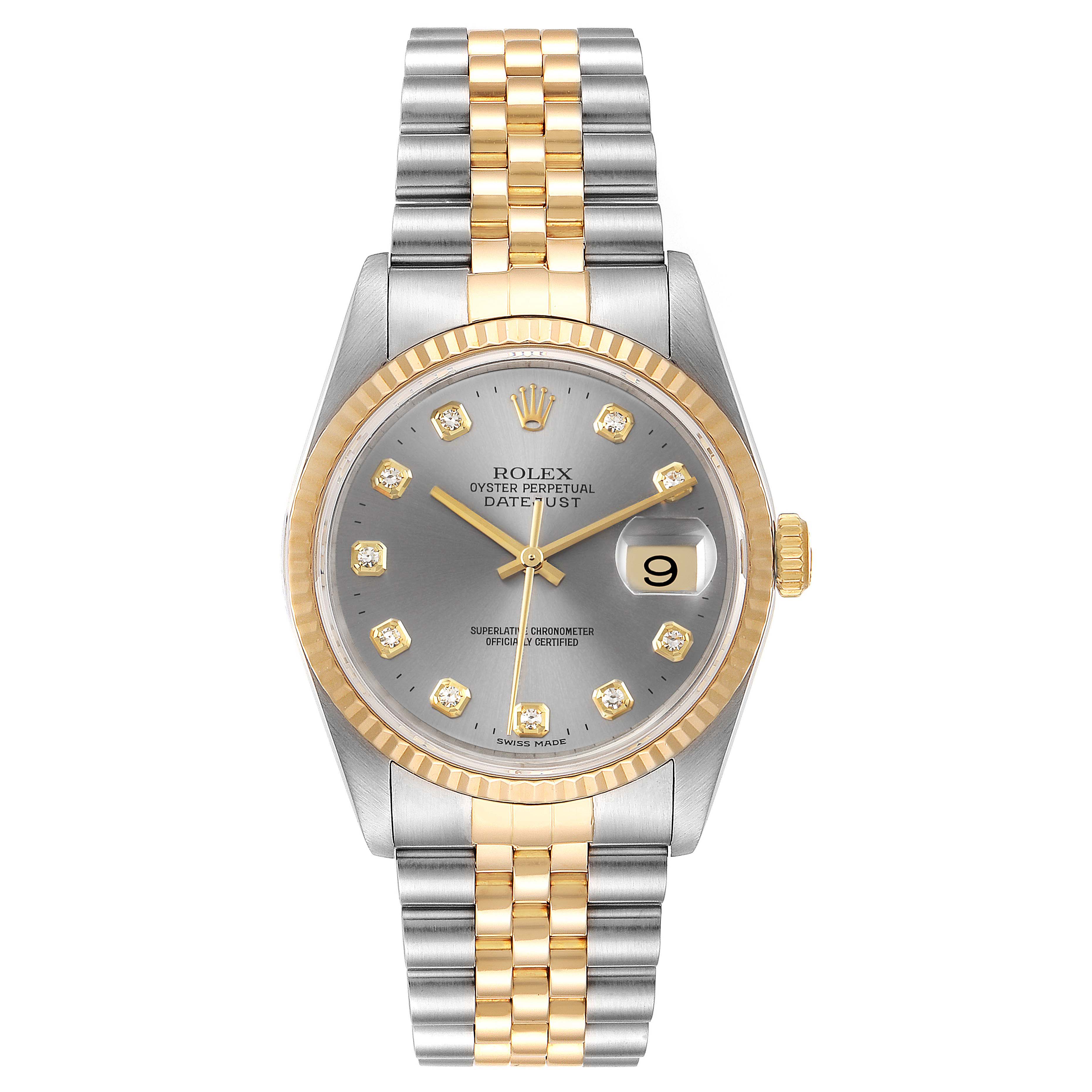 The Rolex Datejust 16233 Men's Steel and Gold (two tone) Grey Dial 16233 Men's Steel and Gold (two tone) Grey Dial watch is shown from a front view, displaying its face, bezel, and Jubilee bracelet.