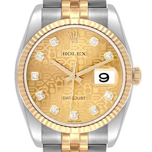 The Rolex Datejust 116233 Men's Steel and Gold (two tone) Champagne Dial 116233 Men's Steel and Gold (two tone) Champagne Dial watch is shown straight on, featuring the gold dial, diamond markers, fluted bezel, and jubilee bracelet.