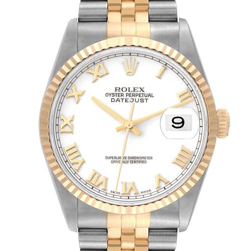 The image shows a front view of a Rolex Datejust 16233 Men's Steel and Gold (two tone) White Dial 16233 Men's Steel and Gold (two tone) White Dial watch, showcasing its dial, bezel, and bracelet.