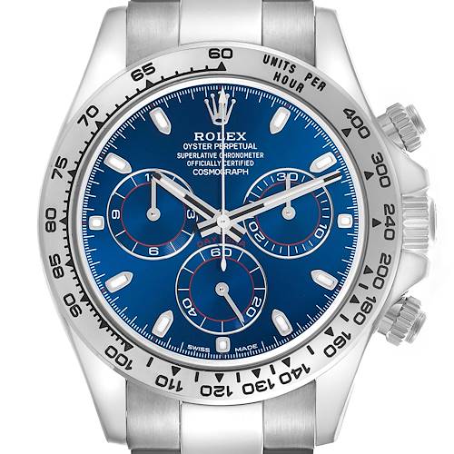 The Rolex Daytona 116509 Men's White Gold Blue Dial 116509 Men's White Gold Blue Dial watch is shown from the front, highlighting the dial, bezel, and pushers.