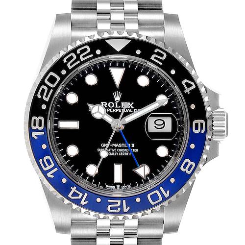 The image shows a front view of a Rolex GMT-Master 126710 Men's Stainless Steel Black Dial 126710 Men's Stainless Steel Black Dial II watch with a black and blue bezel.