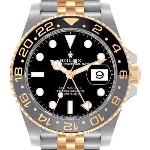 The Rolex GMT-Master 126713GRNR Men's Steel and Gold (two tone) Black Dial 126713GRNR Men's Steel and Gold (two tone) Black Dial watch is shown from a front angle, highlighting the dial, bezel, and date window.