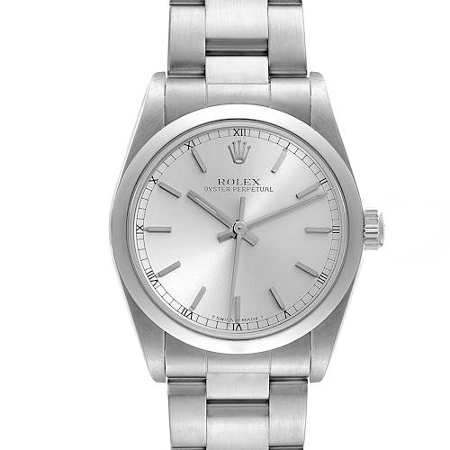 This image shows a front view of the Rolex Oyster Perpetual Mid-Size watch, highlighting its dial, bezel, and bracelet.