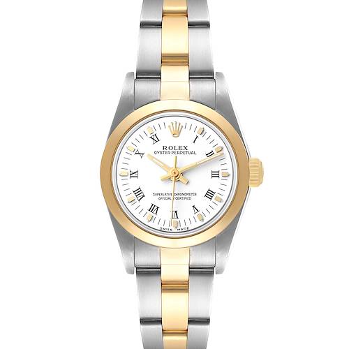 The Rolex Oyster Perpetual 76183 Women's Steel and Gold (two tone) White Dial 76183 Women's Steel and Gold (two tone) White Dial watch is shown from a top-down angle, highlighting its face and two-tone bracelet.