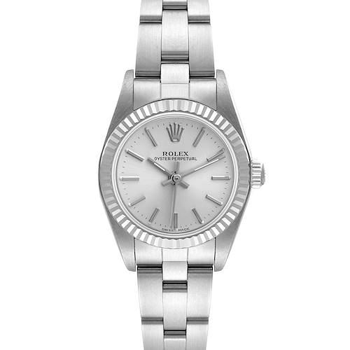 This image shows a Rolex Oyster Perpetual 76094 Women's Stainless Steel Silver Dial 76094 Women's Stainless Steel Silver Dial watch from a front-facing angle, displaying the dial, bezel, and bracelet.