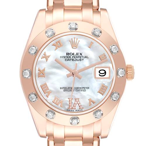 The Rolex Pearlmaster 81315 Women's Rose Gold Mother of Pearl Dial 81315 Women's Rose Gold Mother of Pearl Dial watch is shown from a top view, featuring a diamond-set bezel, mother-of-pearl dial, and bracelet.