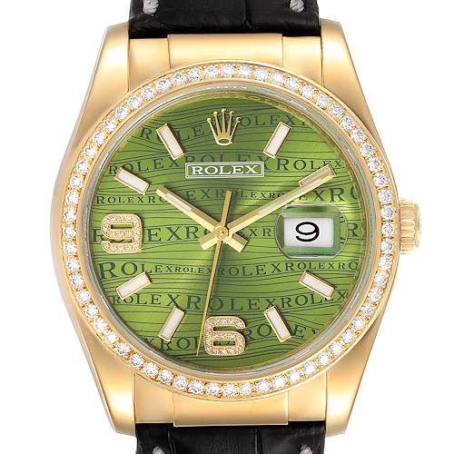 The image shows a front view of a Rolex President 116188 Men's Yellow Gold Green Dial 116188 Men's Yellow Gold Green Dial model watch, highlighting its green dial, diamond bezel, and date window.