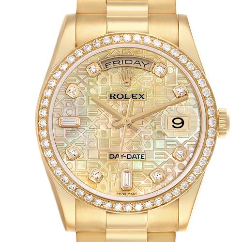 The Rolex President 118348 Men's Yellow Gold Mother of Pearl Dial 118348 Men's Yellow Gold Mother of Pearl Dial model is shown from a front angle, highlighting the dial, bezel, and bracelet.