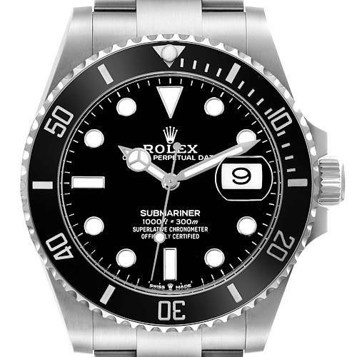 The image shows a frontal view of the Rolex Submariner 126610LN Men's Stainless Steel Black Dial 126610LN Men's Stainless Steel Black Dial watch, highlighting its face, bezel, and crown.