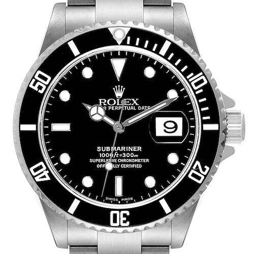 The image shows a front view of a Rolex Submariner 16610 Men's Stainless Steel Black Dial 16610 Men's Stainless Steel Black Dial watch, detailing the face, bezel, and part of the stainless steel bracelet.