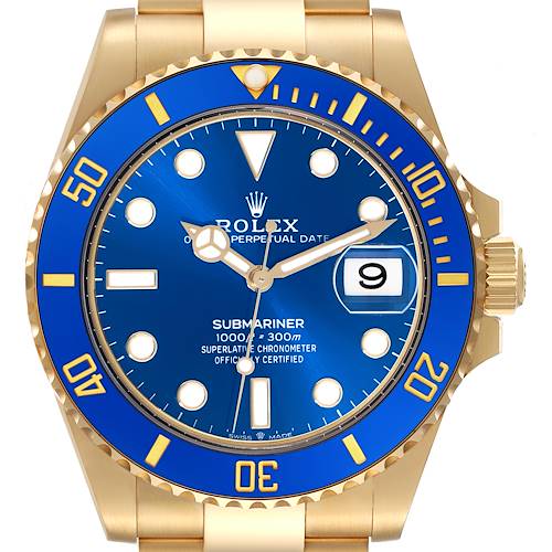 The Rolex Submariner 126618LB Men's Yellow Gold Blue Dial 126618LB Men's Yellow Gold Blue Dial watch is shown from a front view, highlighting the dial, bezel, crown, and part of the bracelet.