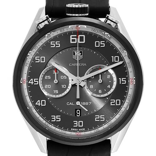 The image shows a frontal view of the Tag Heuer Carrera CAR2C12.FC6327 Men's Stainless Steel Grey Dial CAR2C12.FC6327 Men's Stainless Steel Grey Dial model watch. It displays the face, dials, and tachymeter bezel.