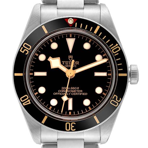 The image shows a front view of the Heritage Black Bay watch by Tudor, highlighting its dial, bezel, and stainless steel bracelet.