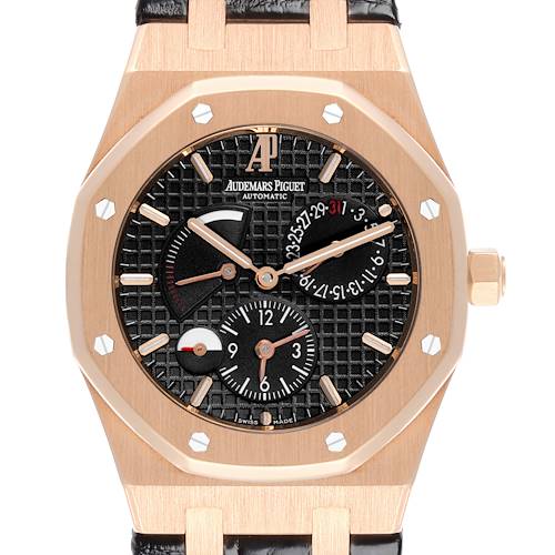 The Audemars Piguet Royal Oak 26120OR Men's Rose Gold Black Dial 26120OR Men's Rose Gold Black Dial watch is shown from a front angle, displaying its case, dial, hands, and subdials.