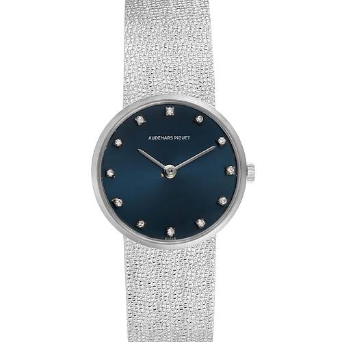 This is a straight-on view of a Vintage Audemars Piguet watch, showing the face, hands, crown, and textured strap.