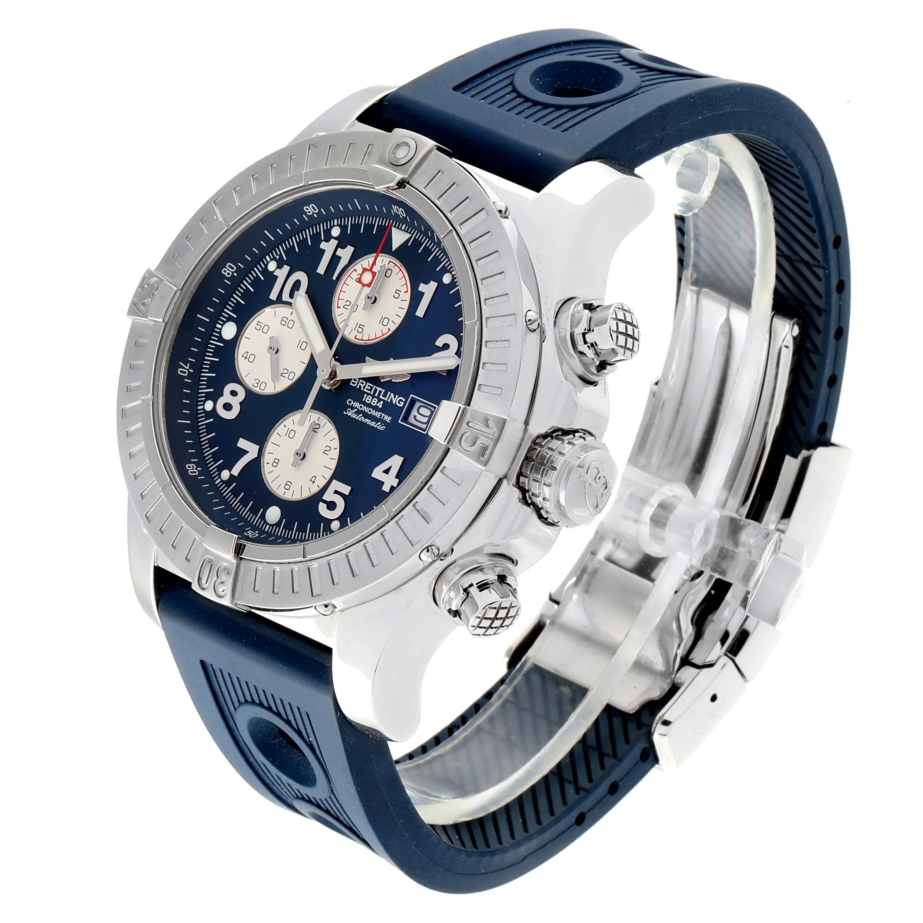 This image shows the Breitling Avenger A13370 Men's Stainless Steel Blue Dial A13370 Men's Stainless Steel Blue Dial watch at an angle that highlights its face, bezel, crown, pushers, and strap.