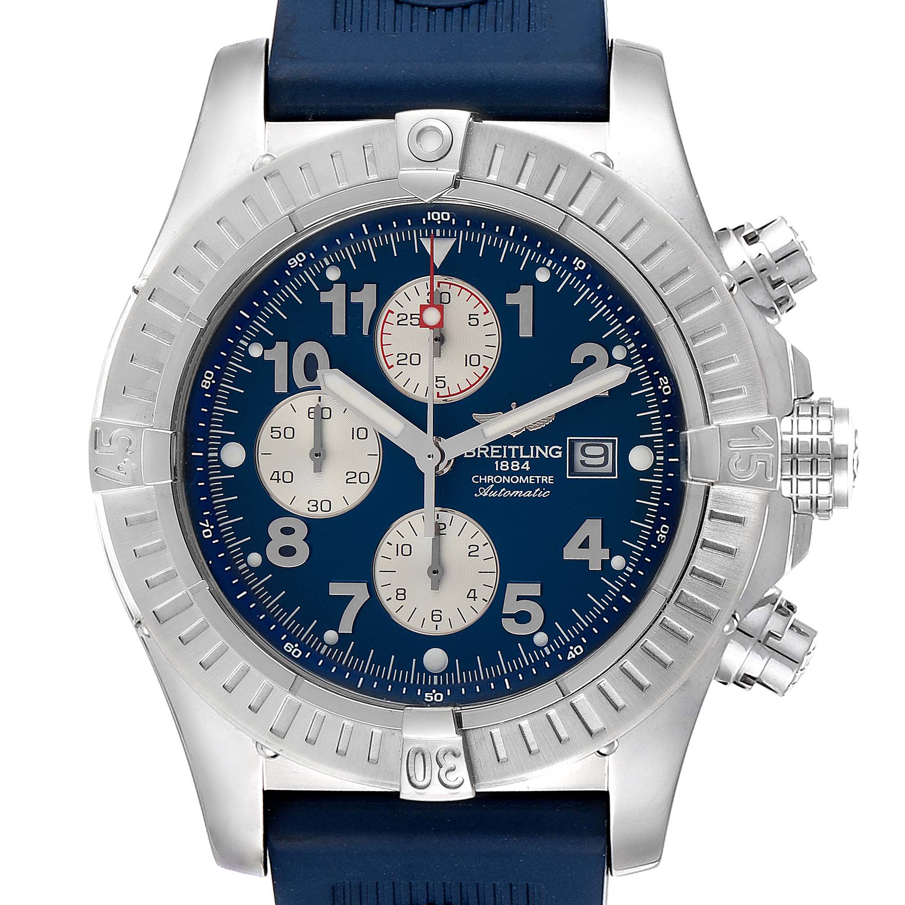 The image shows a front view of a Breitling Avenger A13370 Men's Stainless Steel Blue Dial A13370 Men's Stainless Steel Blue Dial watch featuring a blue dial, chronograph sub-dials, and a date window at 3 o'clock.