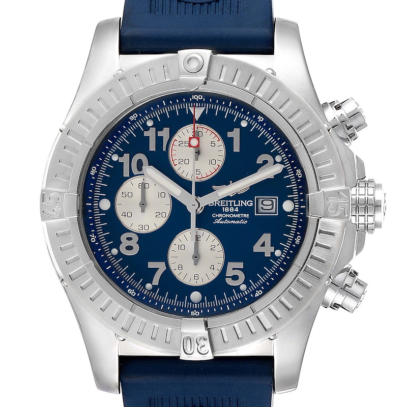 The image shows a front view of a Breitling Avenger A13370 Men's Stainless Steel Blue Dial A13370 Men's Stainless Steel Blue Dial watch featuring a blue dial, chronograph sub-dials, and a date window at 3 o'clock.