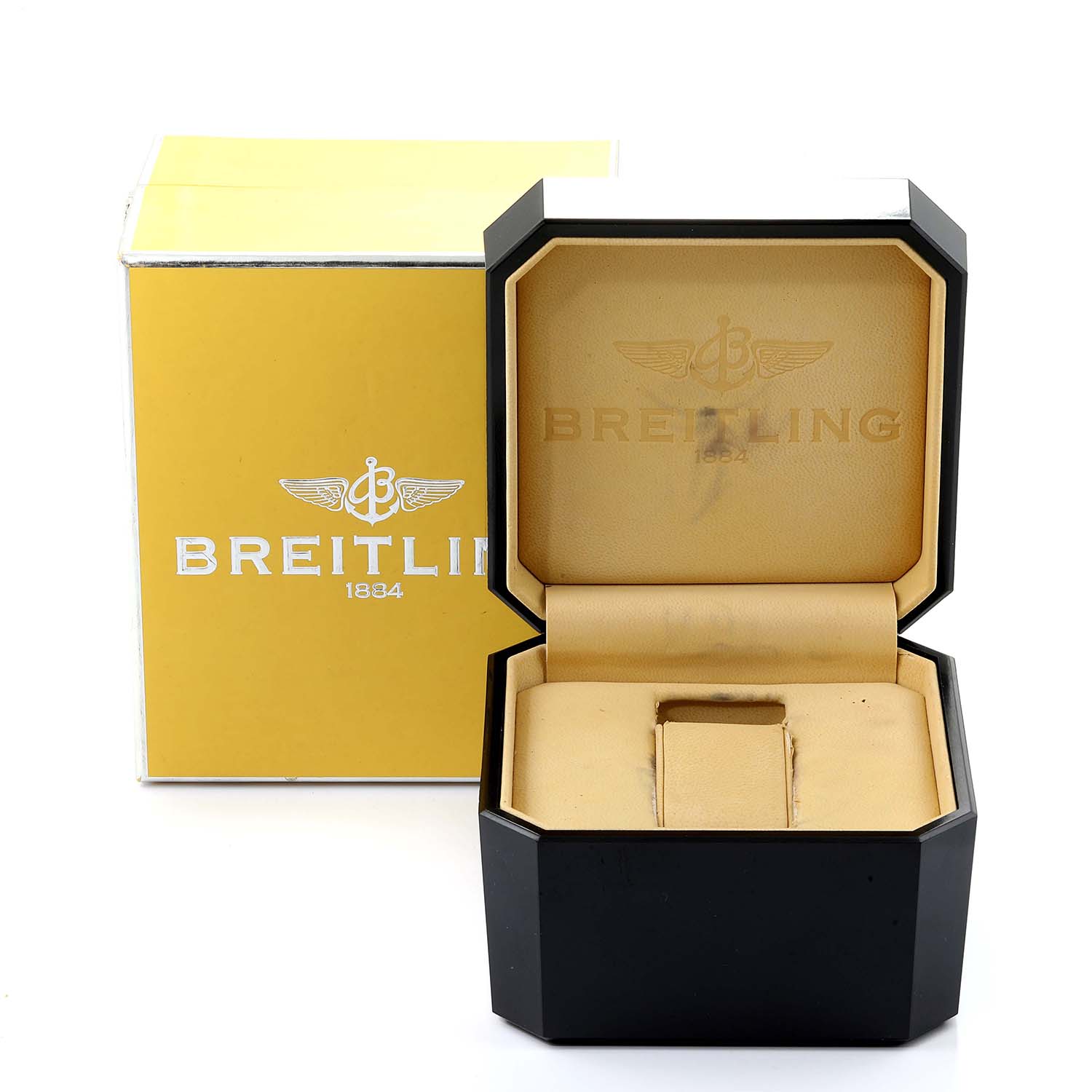 The image shows the open box and outer packaging for a Breitling Avenger A13370 Men's Stainless Steel Blue Dial A13370 Men's Stainless Steel Blue Dial watch, with the interior and logo visible.