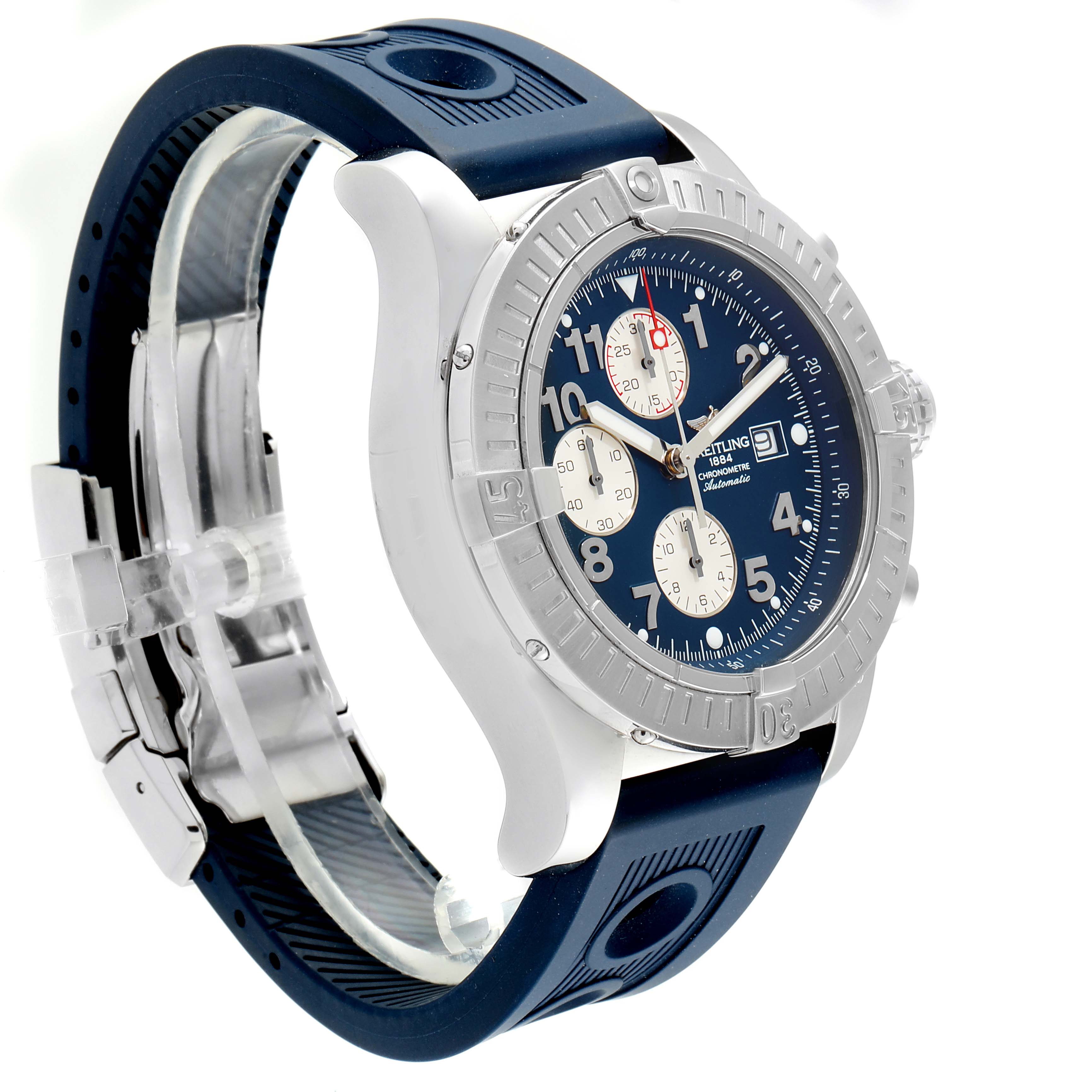 This image shows a side-angle view of the Breitling Avenger A13370 Men's Stainless Steel Blue Dial A13370 Men's Stainless Steel Blue Dial watch, featuring its blue dial, bezel, and rubber strap.