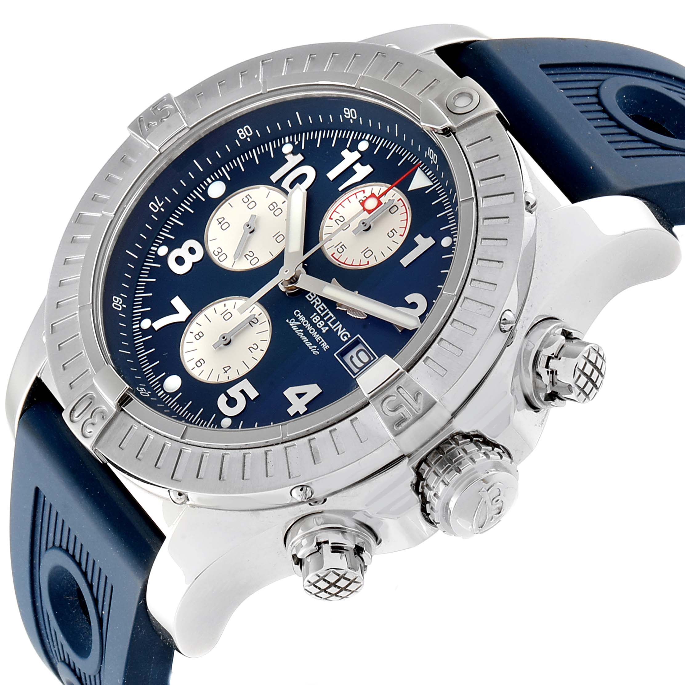 The image shows a Breitling Avenger A13370 Men's Stainless Steel Blue Dial A13370 Men's Stainless Steel Blue Dial watch at an oblique angle, featuring the face, bezel, and part of the band.