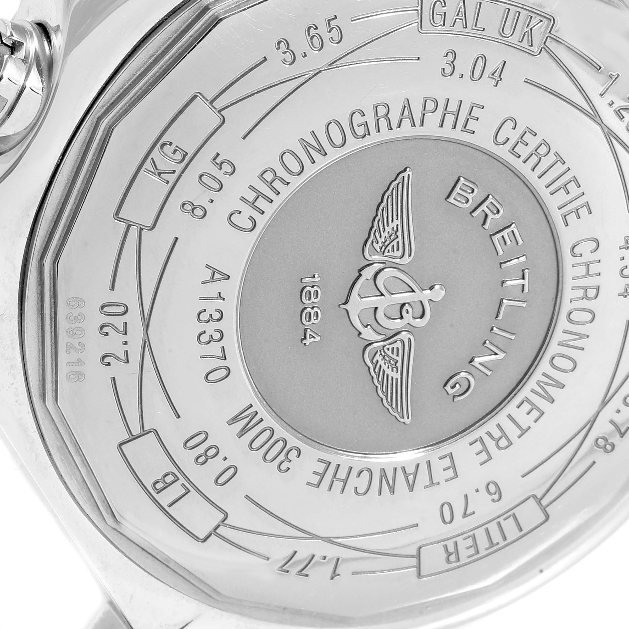 The image shows the back side of a Breitling Avenger A13370 Men's Stainless Steel Blue Dial A13370 Men's Stainless Steel Blue Dial watch with detailed engravings and specifications.