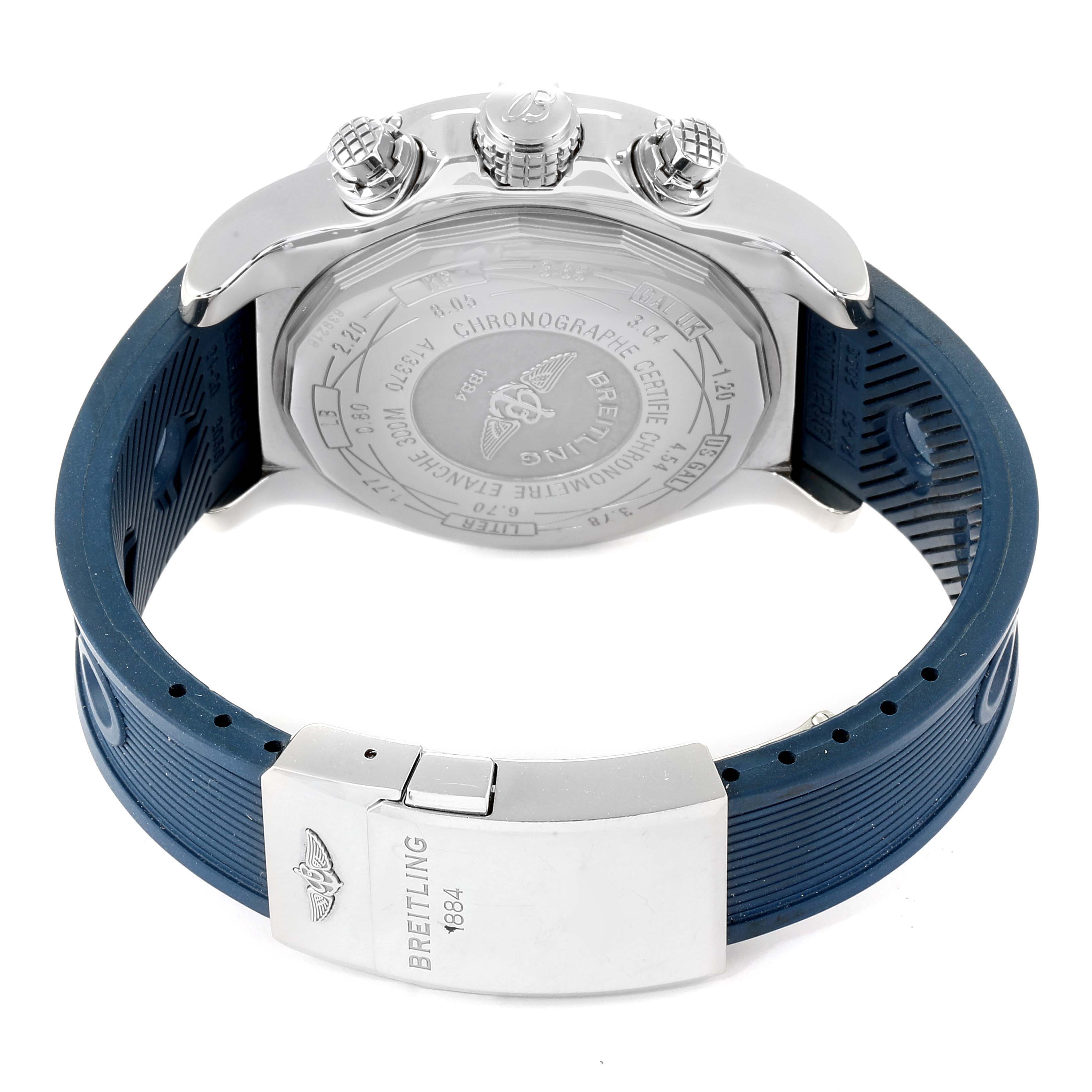 The image shows the back and side of the Breitling Avenger A13370 Men's Stainless Steel Blue Dial A13370 Men's Stainless Steel Blue Dial watch, highlighting the case back, crown, pushers, and blue strap with clasp.