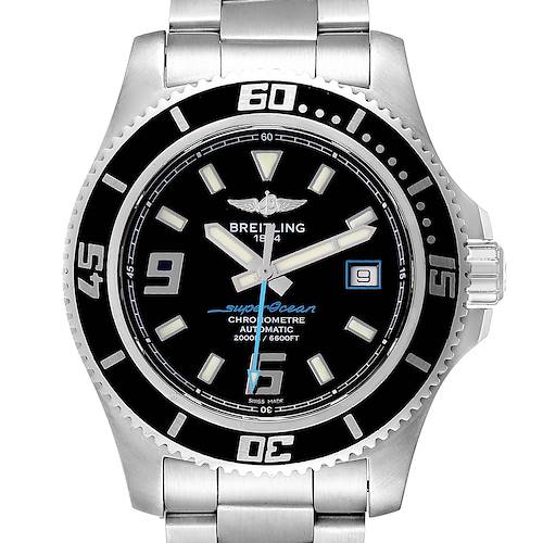 This image shows a front view of a Breitling Superocean A17391 Men's Stainless Steel Black Dial A17391 Men's Stainless Steel Black Dial watch, displaying the dial, bezel, and part of the stainless steel bracelet.