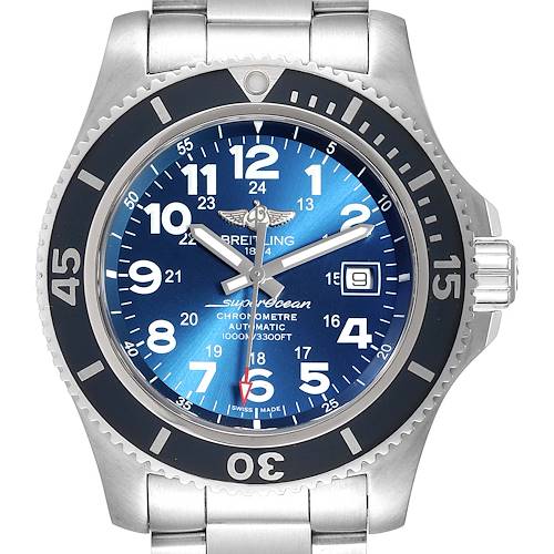 The image shows a Breitling Superocean A17392D8/C910  Men's Stainless Steel Blue Dial A17392D8/C910  Men's Stainless Steel Blue Dial watch from a straight-on angle, highlighting the dial, bezel, and part of the bracelet.