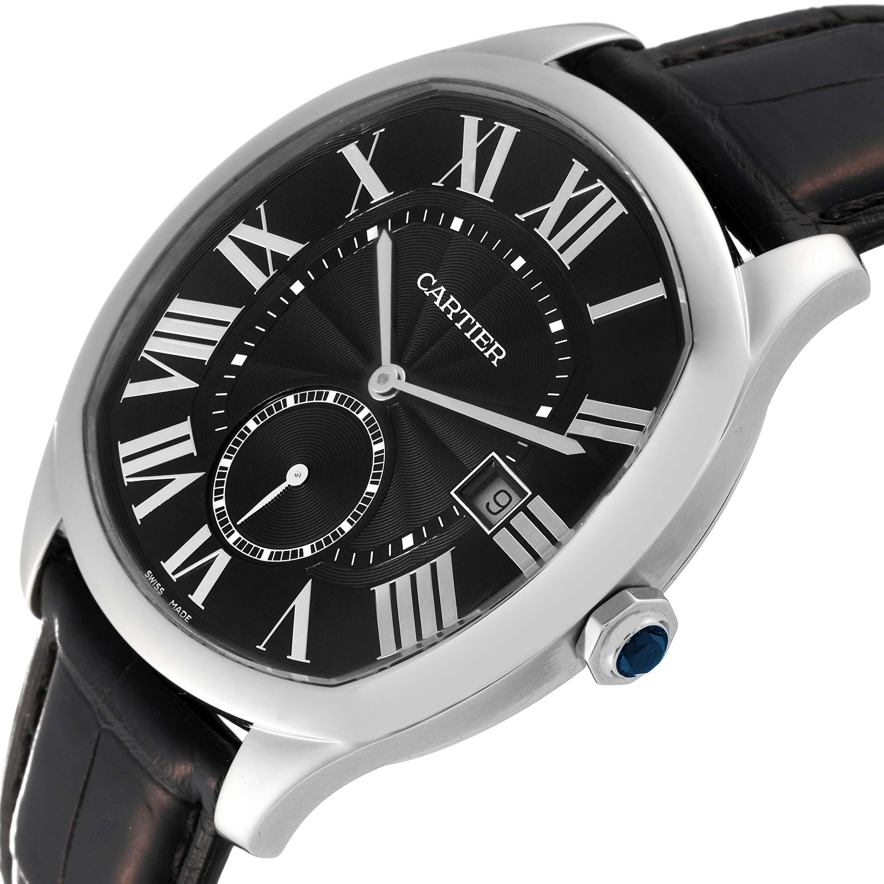 The image shows a tilted view of the Drive de Cartier watch by Cartier, displaying its black dial, Roman numerals, and leather strap.