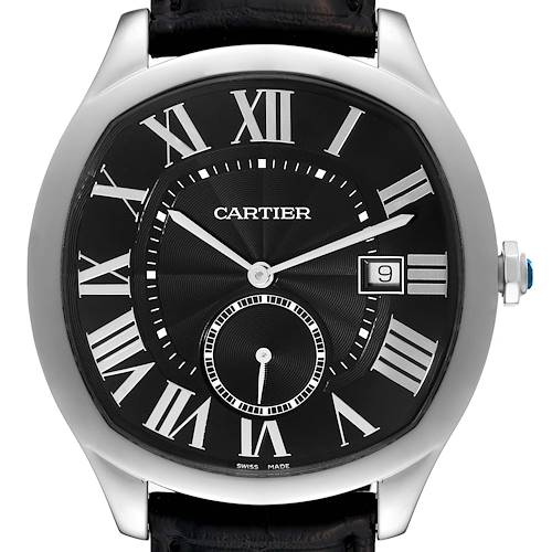 The image shows a frontal view of the Drive de Cartier watch by Cartier, displaying its black dial, Roman numerals, and date window.