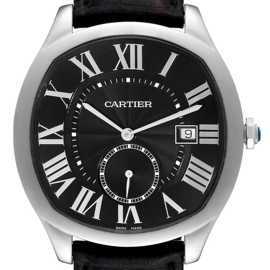 The image shows a Drive de Cartier watch by Cartier, focusing on the front dial with Roman numerals and a date window.