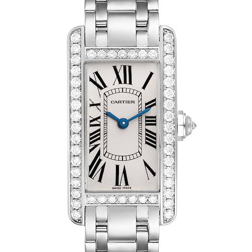 This image shows a top-down view of a Cartier Tank Americaine WB7073L1 Women's White Gold Silver Dial WB7073L1 Women's White Gold Silver Dial watch, displaying its face, bezel with diamonds, and part of the bracelet band.