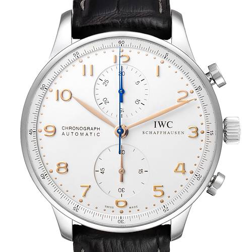 The image shows a front view of an IWC Portuguese IW371445 Men's Stainless Steel Silver Dial IW371445 Men's Stainless Steel Silver Dial Chronograph watch, highlighting the dial, hands, and part of the strap.