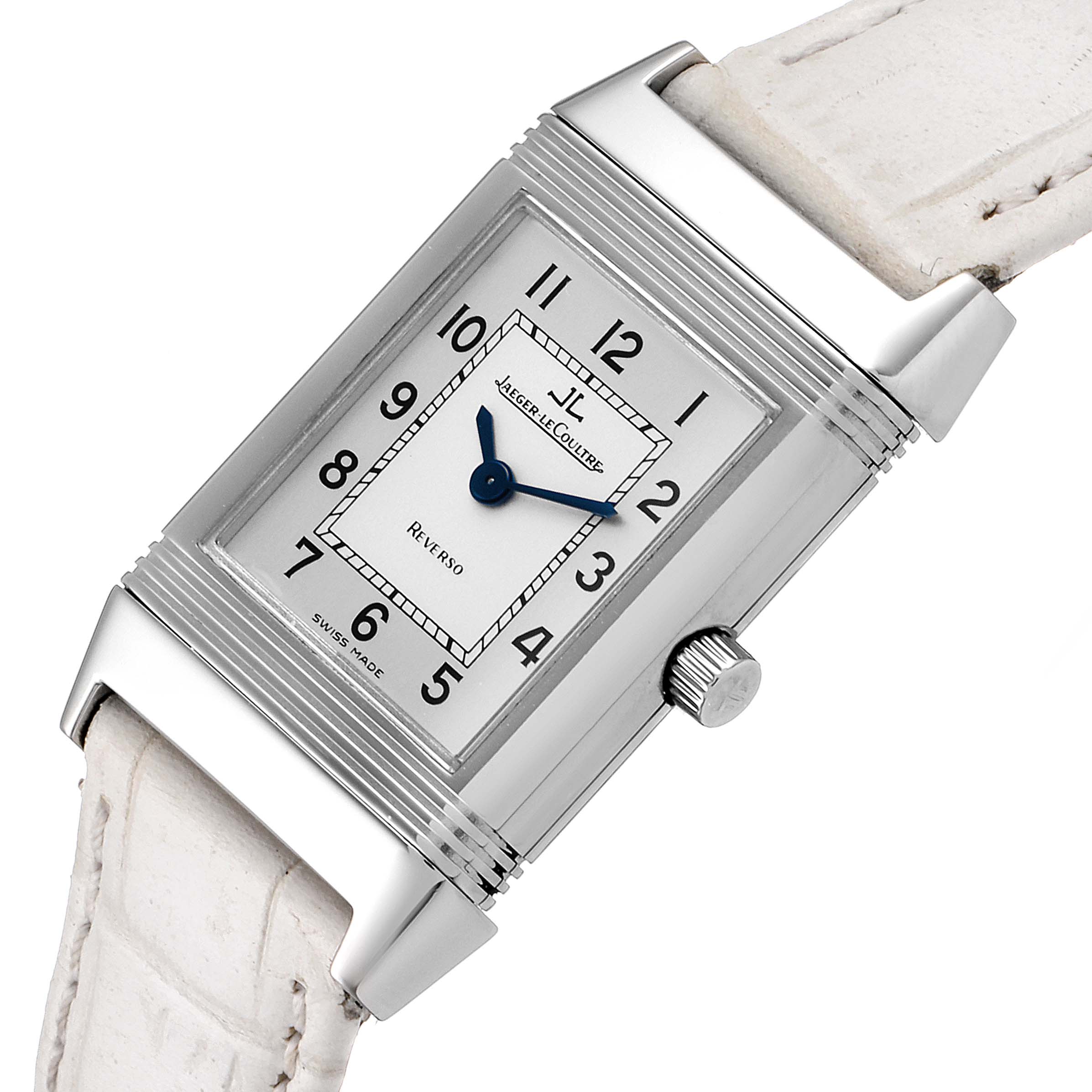 This image shows a Jaeger LeCoultre Reverso 260.8.08 Women's Stainless Steel Silver Dial 260.8.08 Women's Stainless Steel Silver Dial watch at an angled view, highlighting its dial, case, and crown with parts of the leather strap visible.