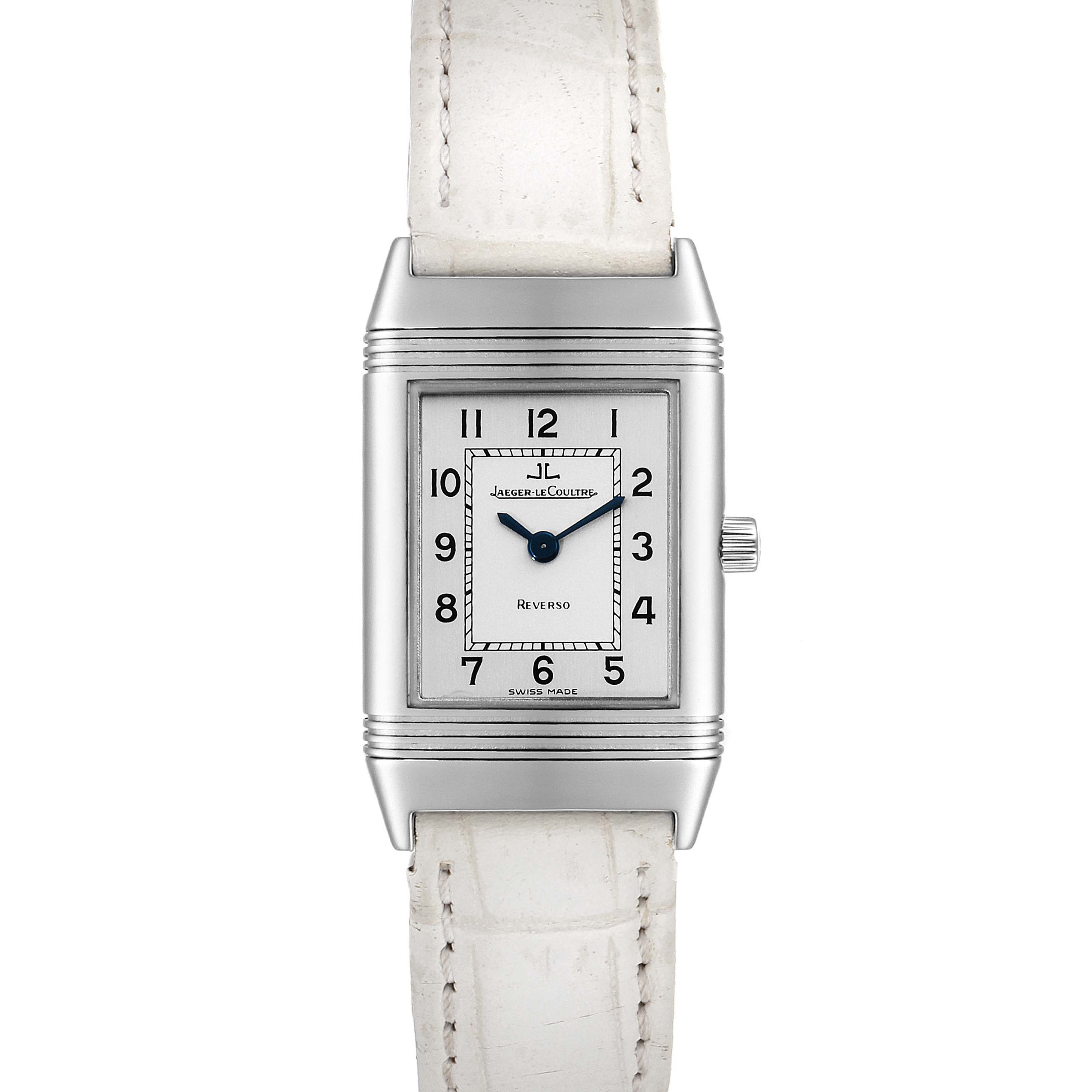The Jaeger LeCoultre Reverso 260.8.08 Women's Stainless Steel Silver Dial 260.8.08 Women's Stainless Steel Silver Dial watch is shown in a frontal angle, displaying its rectangular face, dial, and white leather strap.