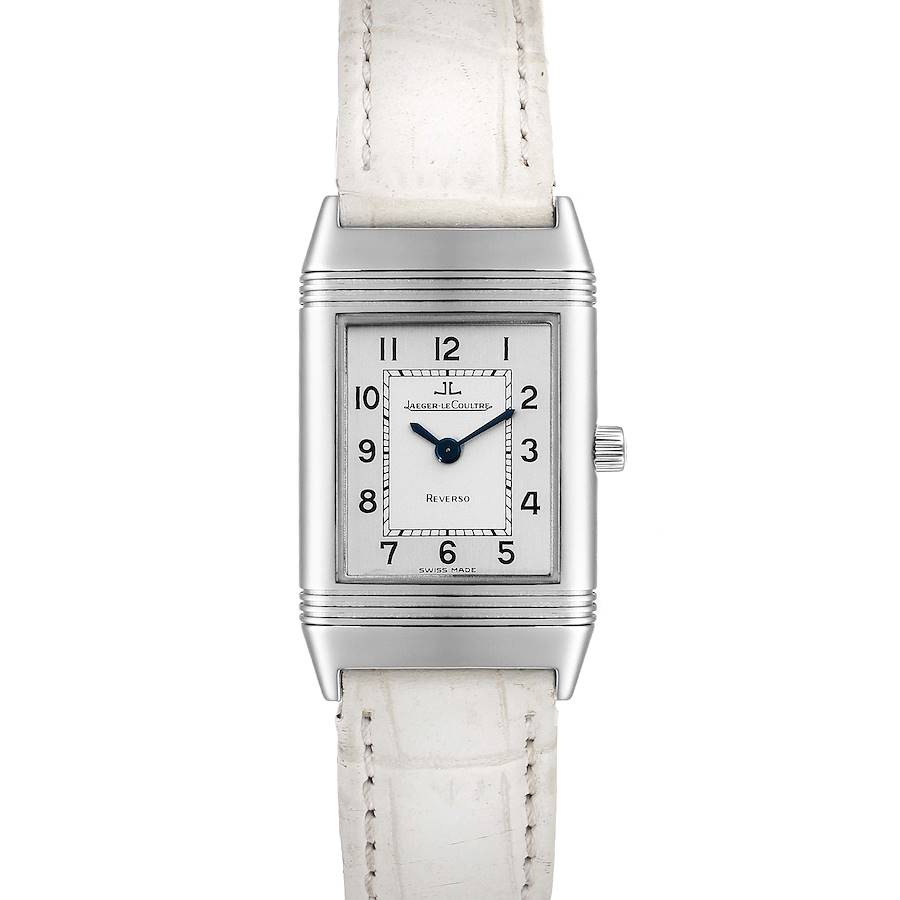 The Jaeger LeCoultre Reverso 260.8.08 Women's Stainless Steel Silver Dial 260.8.08 Women's Stainless Steel Silver Dial watch is shown in a frontal angle, displaying its rectangular face, dial, and white leather strap.