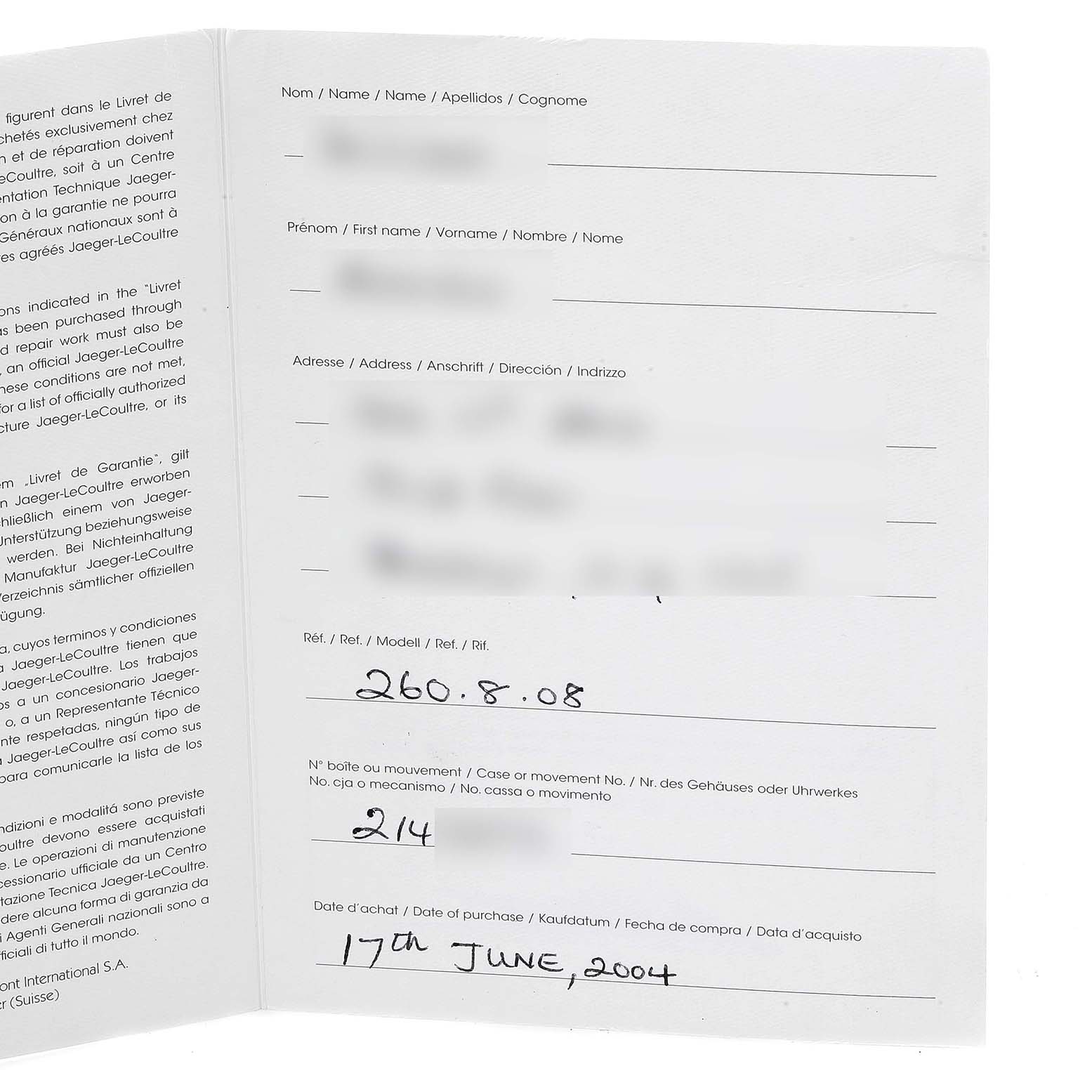 The image shows an open warranty booklet for a Jaeger-LeCoultre Reverso model watch, displaying reference and purchase date details.