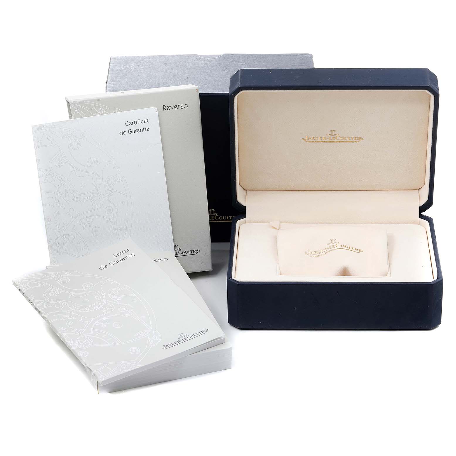 The image shows the box, instruction manuals, and a certificate for the Jaeger LeCoultre Reverso 260.8.08 Women's Stainless Steel Silver Dial 260.8.08 Women's Stainless Steel Silver Dial watch.