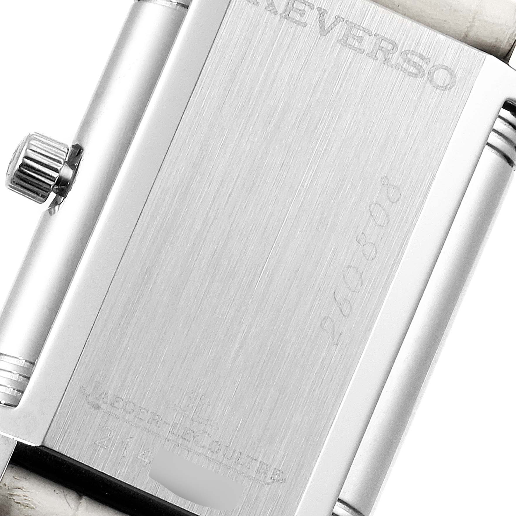 This image shows the case back and crown of a Jaeger-LeCoultre Reverso watch at a close-up angle.