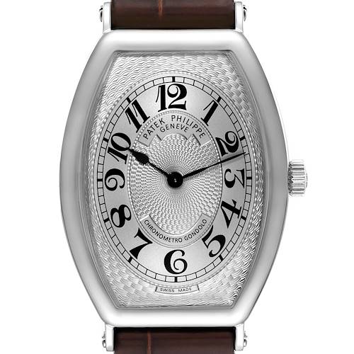 The image shows a frontal view of the Patek Philippe Gondolo 5098P-001 Men's Platinum Silver Dial 5098P-001 Men's Platinum Silver Dial watch face, including the dial, numerals, hands, and crown.