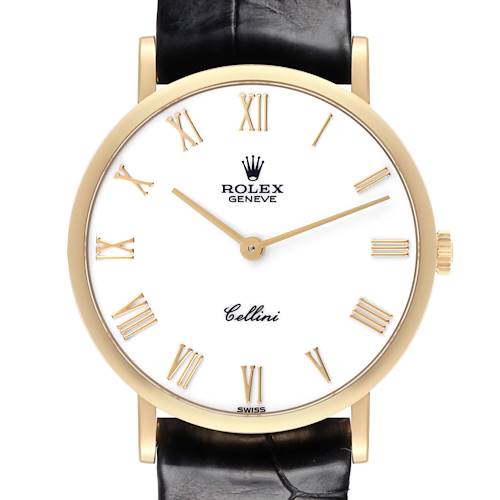 The Rolex Cellini 5112 Men's Yellow Gold White Dial 5112 Men's Yellow Gold White Dial watch is shown from the front, displaying its dial, Roman numerals, hands, crown, and leather strap.