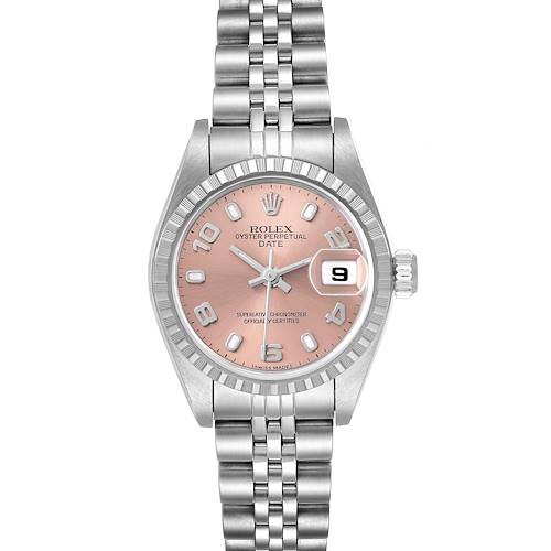 The Rolex Date 79240 Women's Stainless Steel Pink Dial 79240 Women's Stainless Steel Pink Dial model is shown from a front angle, displaying the dial, bezel, bracelet, and date magnifier.