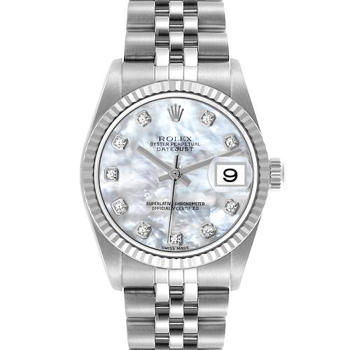 The Rolex Mid-Size 78274 Women's Stainless Steel Mother of Pearl Dial 78274 Women's Stainless Steel Mother of Pearl Dial watch is shown from a front angle, displaying the dial, bezel, bracelet, and date magnifier.