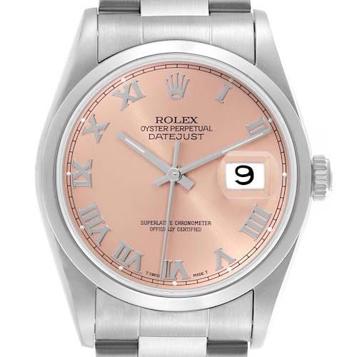 The Rolex Datejust 16200 Men's Stainless Steel Pink Dial 16200 Men's Stainless Steel Pink Dial is shown from the front, displaying the dial, hands, and bracelet.